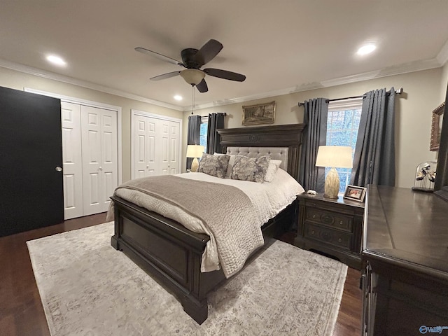 bedroom featuring ornamental molding, two closets, ceiling fan, and dark hardwood / wood-style flooring