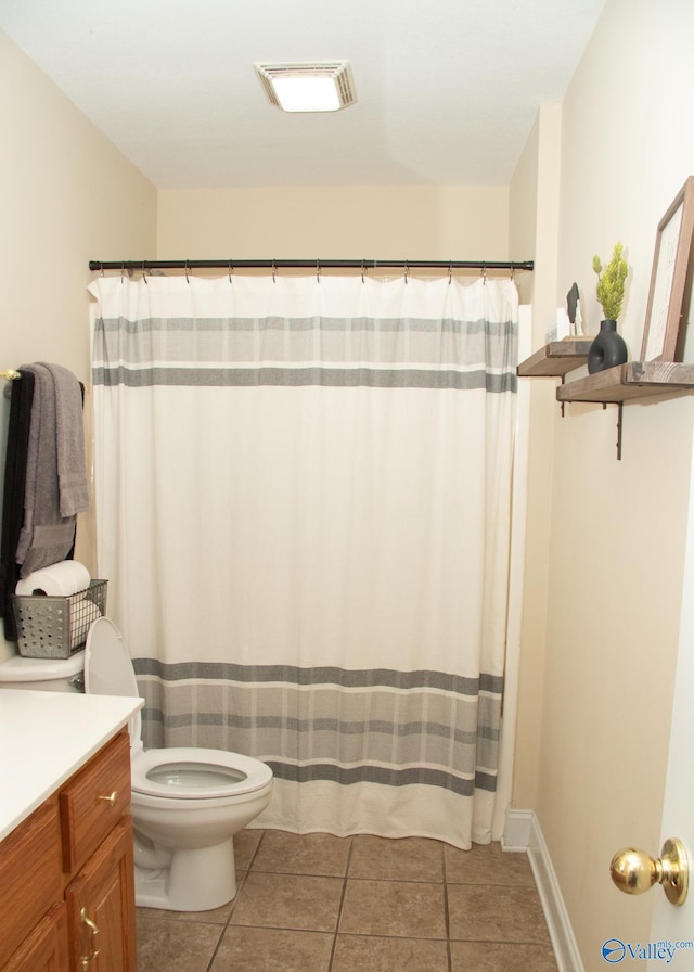 full bathroom featuring visible vents, toilet, tile patterned flooring, and vanity