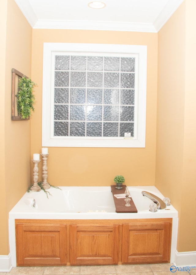 full bathroom featuring a garden tub and ornamental molding