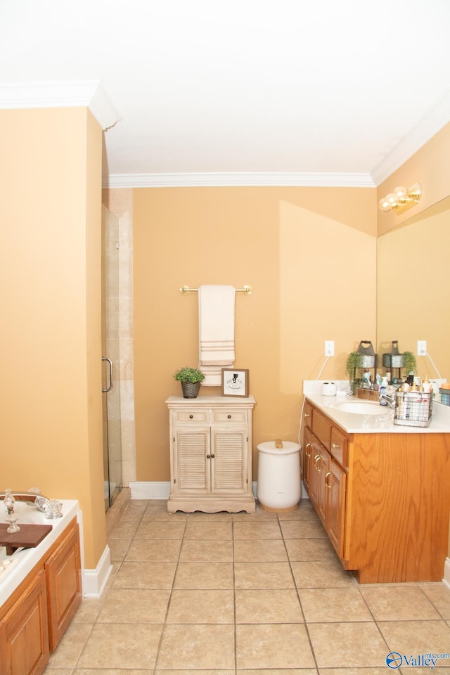 full bath with vanity, a tub, a stall shower, tile patterned flooring, and crown molding