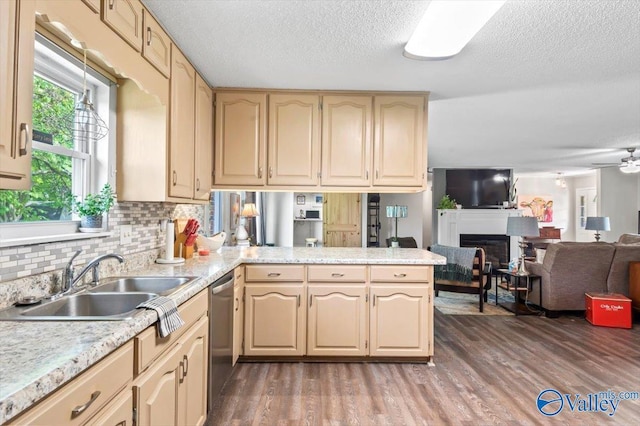 kitchen with dark wood-style floors, a textured ceiling, dishwasher, and light countertops