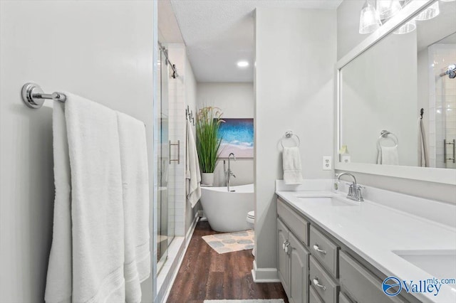 full bath featuring wood finished floors, a shower stall, double vanity, and a sink
