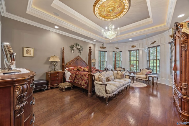 3 Mcmullen Ln, Gurley, AL 35748 - bedroom with a raised ceiling, a chandelier, dark wood-type flooring, and crown molding