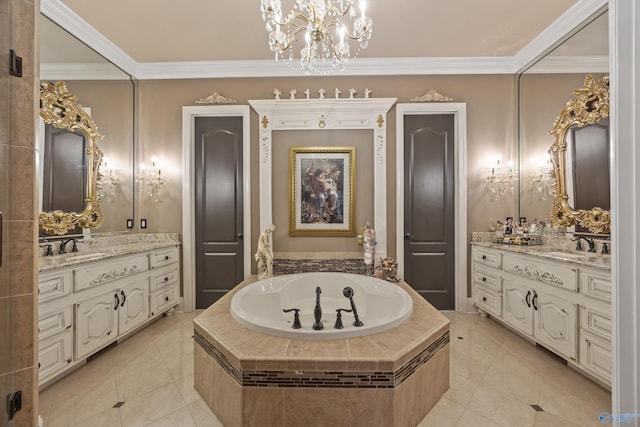 3 Mcmullen Ln, Gurley, AL 35748 - full bathroom featuring tile patterned floors, a chandelier, two vanities, a garden tub, and crown molding