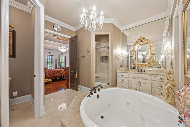3 Mcmullen Ln, Gurley, AL 35748 - bathroom featuring a chandelier, crown molding, connected bathroom, a whirlpool tub, and a shower stall