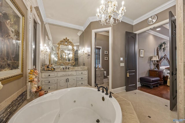 3 Mcmullen Ln, Gurley, AL 35748 - full bathroom featuring a chandelier, a whirlpool tub, crown molding, vanity, and tile patterned flooring