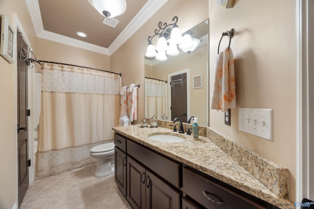 3 Mcmullen Ln, Gurley, AL 35748 - bathroom featuring tile patterned flooring, toilet, vanity, ornamental molding, and shower / tub combo with curtain