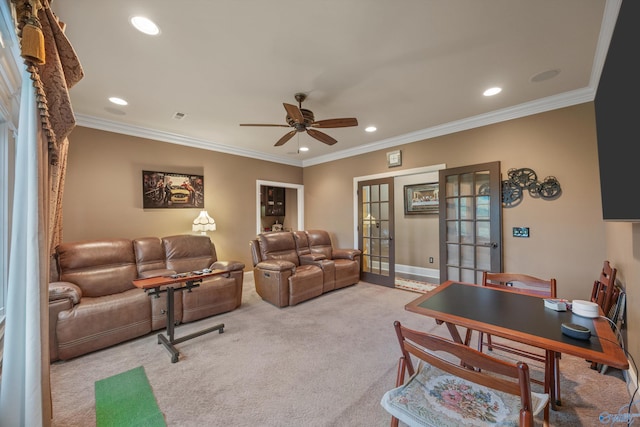 3 Mcmullen Ln, Gurley, AL 35748 - living room with french doors, carpet floors, a ceiling fan, ornamental molding, and recessed lighting
