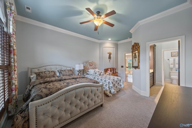 3 Mcmullen Ln, Gurley, AL 35748 - bedroom featuring crown molding, light carpet, baseboards, connected bathroom, and ceiling fan