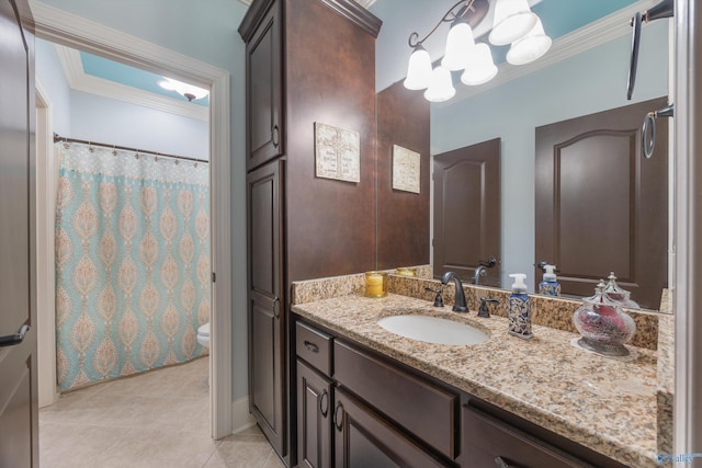 3 Mcmullen Ln, Gurley, AL 35748 - bathroom with tile patterned floors, vanity, toilet, ornamental molding, and a chandelier