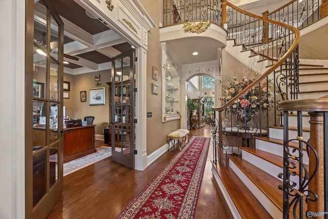 3 Mcmullen Ln, Gurley, AL 35748 - foyer entrance with ornamental molding, wood finished floors, baseboards, beam ceiling, and coffered ceiling