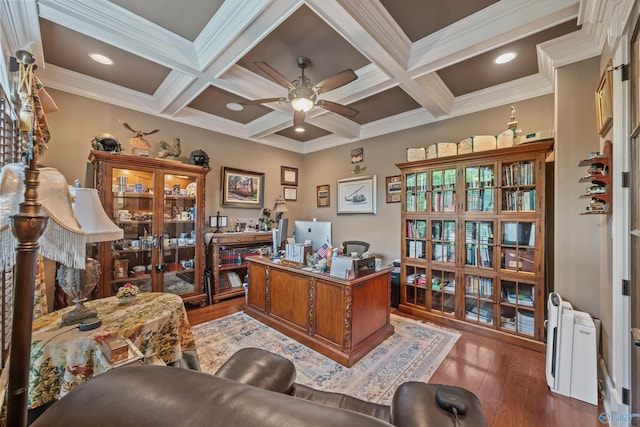 3 Mcmullen Ln, Gurley, AL 35748 - home office with ceiling fan, beam ceiling, wood finished floors, ornamental molding, and coffered ceiling