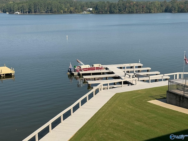 dock area featuring a water view and a lawn