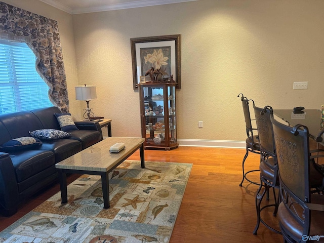 living room with hardwood / wood-style flooring and crown molding