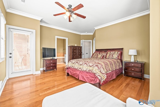 bedroom with baseboards, ornamental molding, wood finished floors, and access to exterior