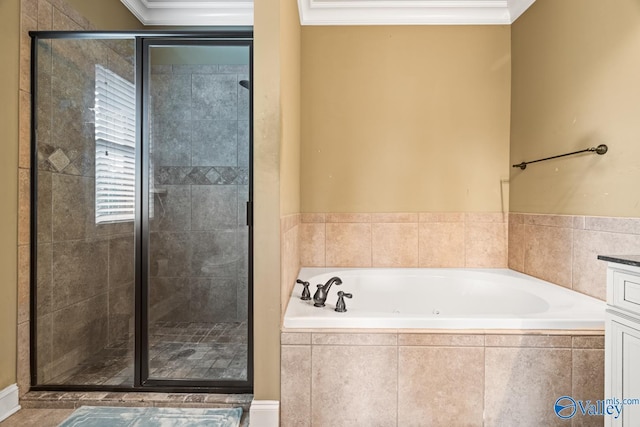 full bathroom featuring crown molding, a shower stall, and a bath