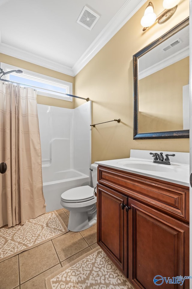 bathroom featuring visible vents, ornamental molding, vanity, toilet, and shower / bath combo