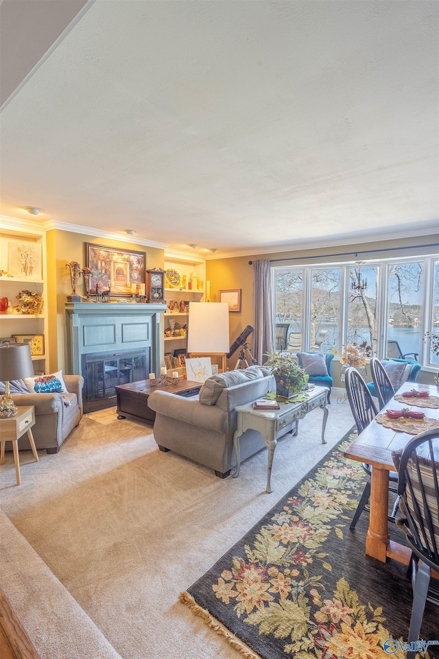 living room featuring plenty of natural light, ornamental molding, and carpet flooring