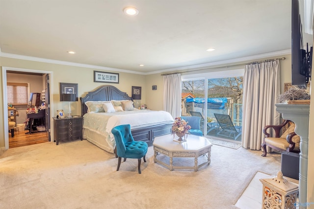 bedroom with crown molding, access to exterior, and light carpet