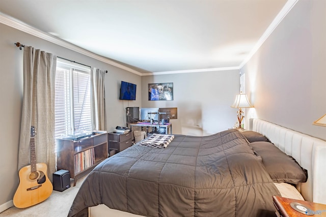 carpeted bedroom featuring crown molding