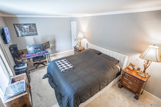 carpeted bedroom with crown molding