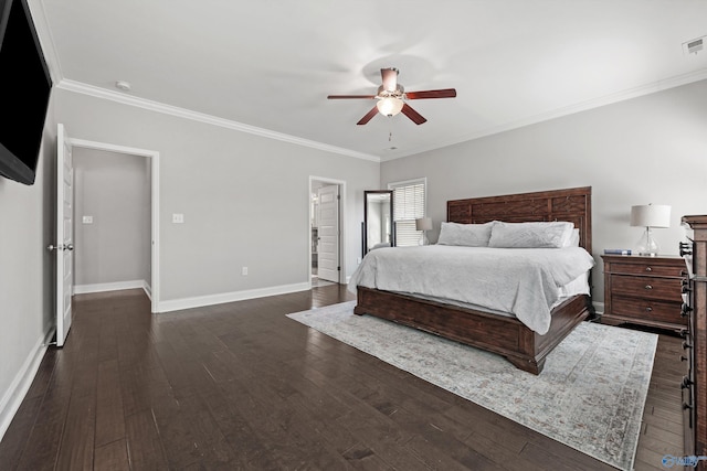 7531 Hadleigh Crst, Owens Cross Roads, AL 35763 - bedroom with crown molding, dark wood finished floors, baseboards, a ceiling fan, and connected bathroom