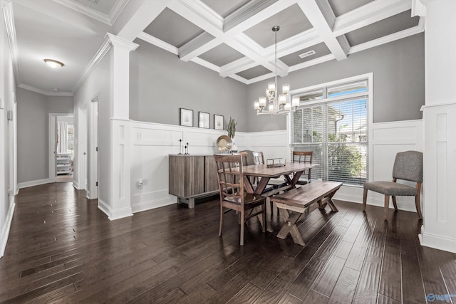 7531 Hadleigh Crst, Owens Cross Roads, AL 35763 - dining room with coffered ceiling, dark wood-style floors, a decorative wall, beamed ceiling, and a chandelier