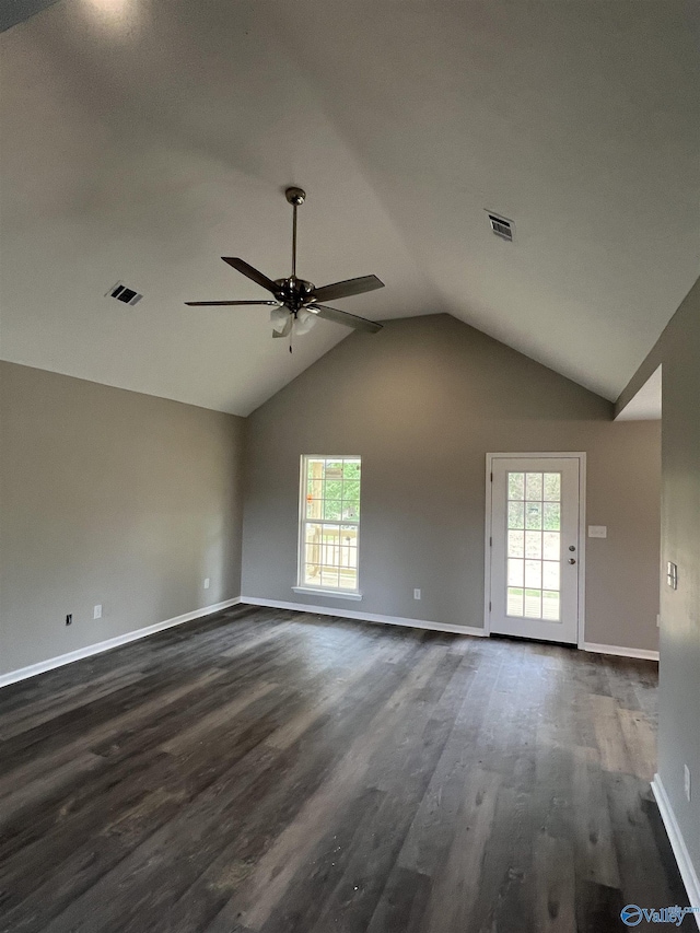 2385 Cedar Ridge Cir, Hokes Bluff, AL 35903 - unfurnished room featuring a ceiling fan, dark wood finished floors, and vaulted ceiling