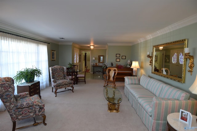 living area with light carpet and ornamental molding