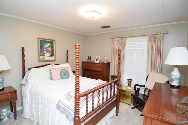 bedroom with ornamental molding, light colored carpet, and visible vents