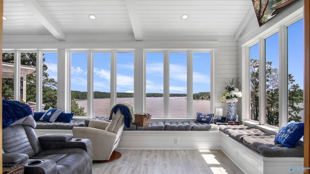 732 Bluff Dr, Rogersville, AL 35652 - sunroom / solarium with a water view, wood finished floors, wood ceiling with exposed beams, and recessed lighting