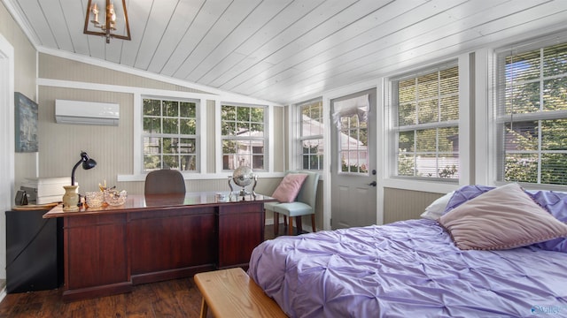732 Bluff Dr, Rogersville, AL 35652 - bedroom with a wall unit AC, lofted ceiling, wooden ceiling, dark wood finished floors, and crown molding