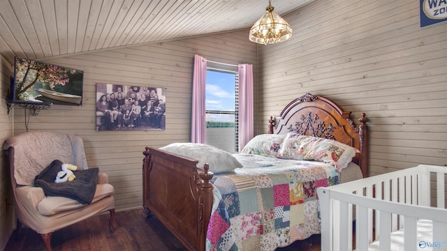 732 Bluff Dr, Rogersville, AL 35652 - bedroom with lofted ceiling, wood-type flooring, wooden walls, and wood ceiling