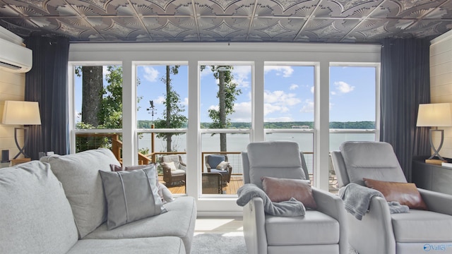 732 Bluff Dr, Rogersville, AL 35652 - living area with a water view, a wall unit AC, and an ornate ceiling