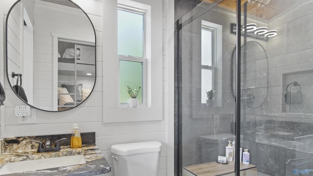 732 Bluff Dr, Rogersville, AL 35652 - bathroom featuring toilet, a stall shower, and vanity