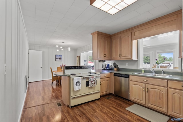 1308 Aston St, Athens, AL 35611 - kitchen featuring stainless steel dishwasher, white electric range, a sink, a peninsula, and dark wood-type flooring