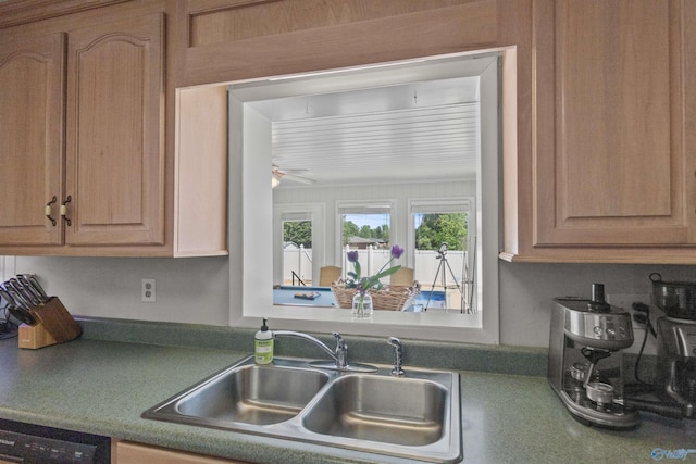 1308 Aston St, Athens, AL 35611 - kitchen featuring a sink, dishwashing machine, a ceiling fan, and dark countertops