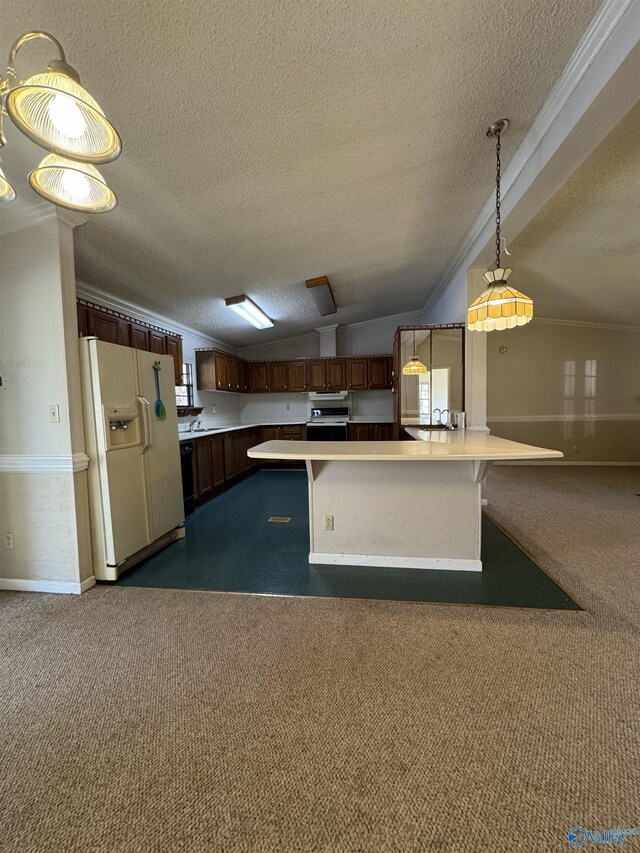 kitchen with vaulted ceiling, dark carpet, crown molding, and white fridge with ice dispenser
