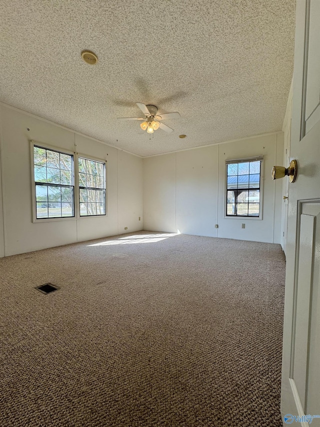 empty room featuring a wealth of natural light, visible vents, a textured ceiling, and carpet floors