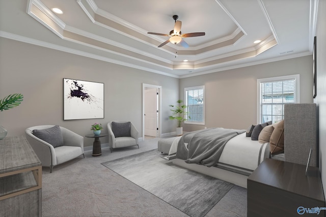 bedroom featuring crown molding, multiple windows, ceiling fan, and carpet flooring