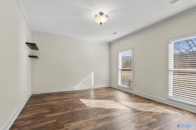 spare room featuring a wealth of natural light, dark hardwood / wood-style flooring, and ornamental molding