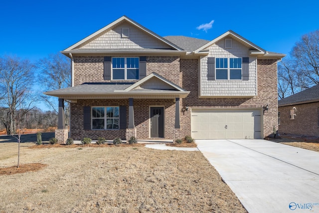 view of front of home with driveway, an attached garage, and brick siding