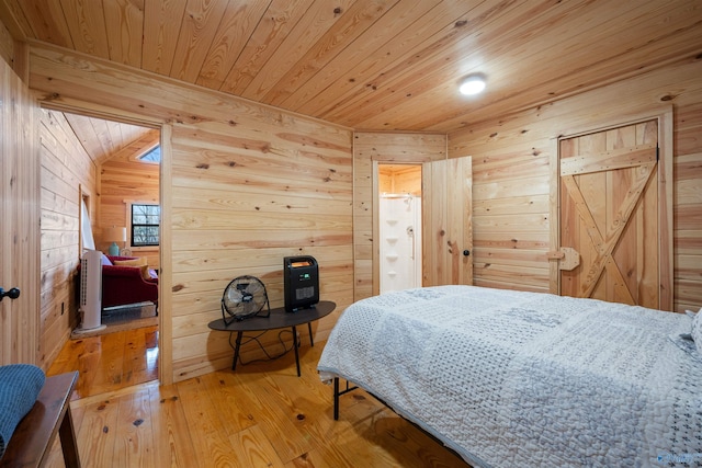 bedroom featuring wood-type flooring, wood ceiling, and wood walls