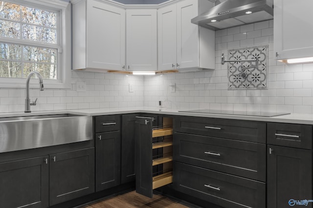 kitchen with wall chimney range hood, sink, dark hardwood / wood-style floors, tasteful backsplash, and white cabinetry