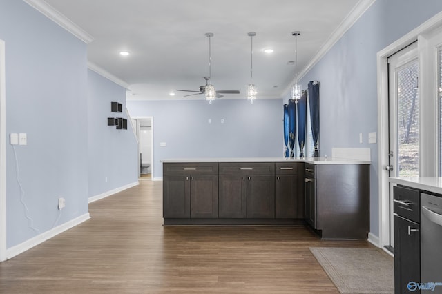 kitchen with dark brown cabinetry, light hardwood / wood-style flooring, ceiling fan, and stainless steel dishwasher