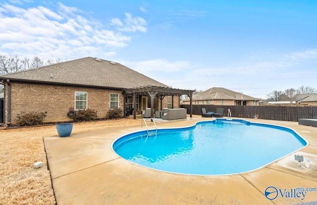 view of pool with a patio area, a fenced in pool, a pergola, and a fenced backyard