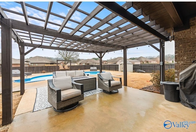 view of patio with a fenced in pool, a fenced backyard, and a pergola