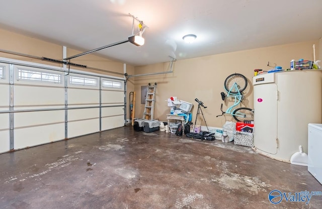 garage featuring a garage door opener and fridge