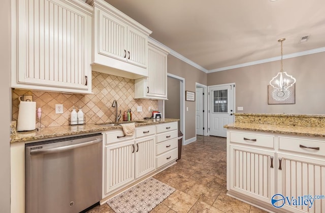 kitchen with decorative backsplash, dishwasher, crown molding, and a sink