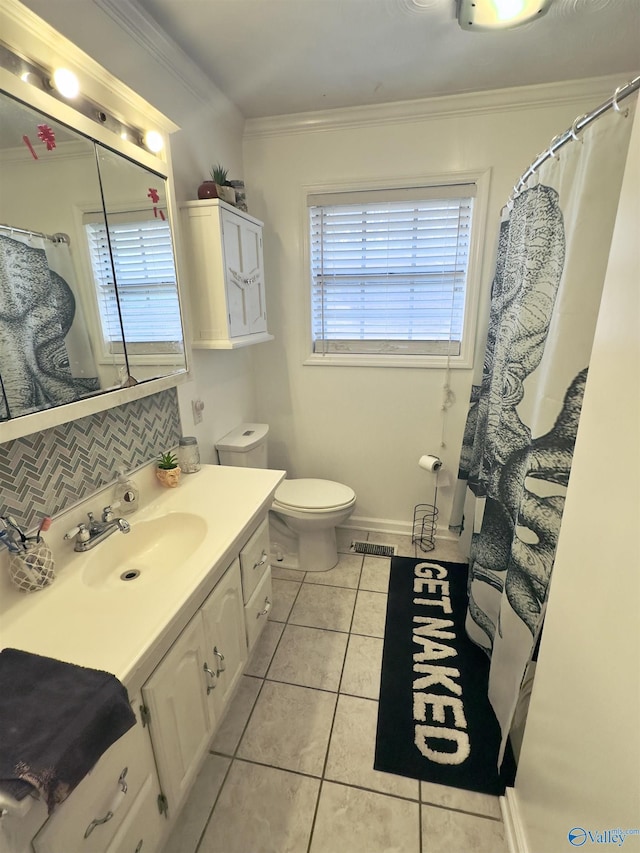 full bathroom with tile patterned flooring, decorative backsplash, plenty of natural light, and ornamental molding